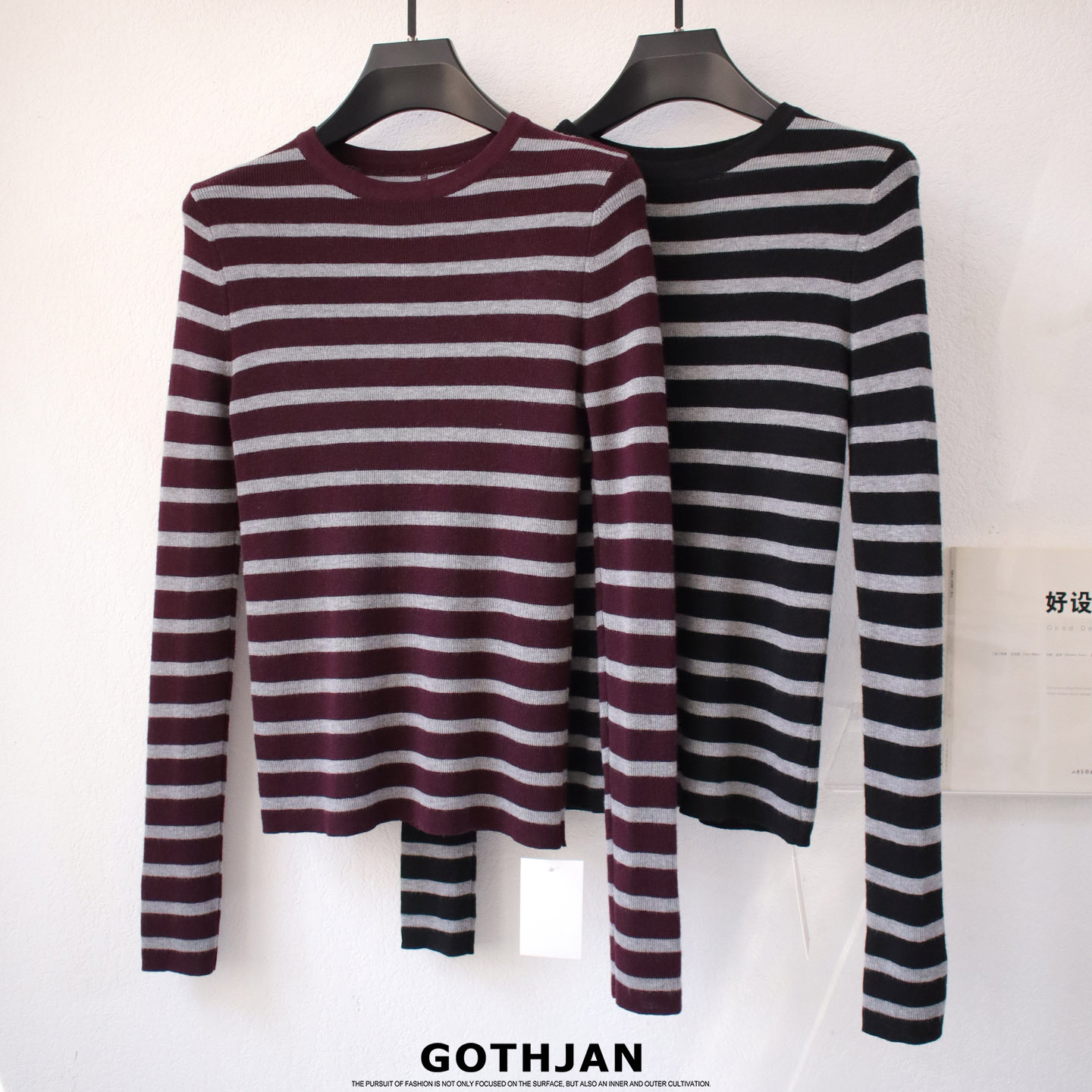 美丽诺羊毛圆领条纹针织衫女