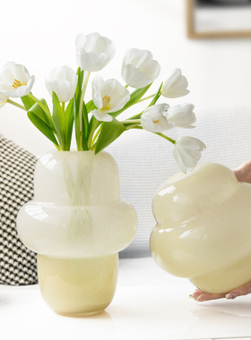 复古ins蜂蜜奶油客厅玻璃花瓶宽口水培鲜花摆件胖吨吨奶玉色矮款