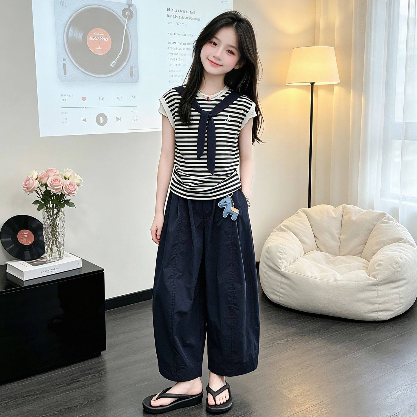 女童夏季新款韩系时髦穿搭海军风条纹短袖中大童洋气阔腿裤两件套