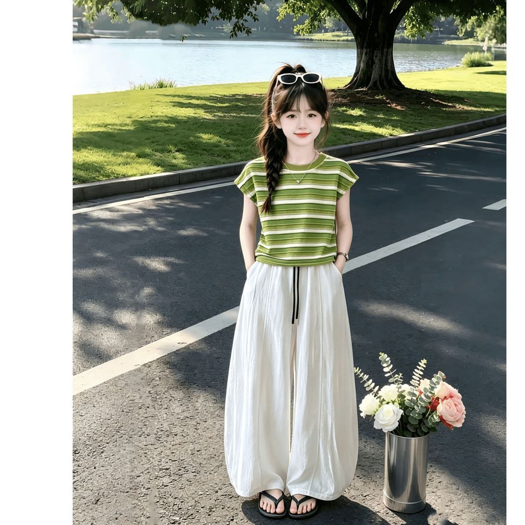 女童夏季套装2026新款儿童条纹中大童韩版时尚短袖洋气裤子两件套