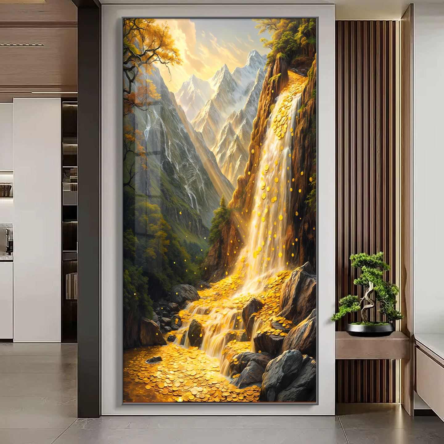 轻奢晶瓷镶钻高山流水生财玄关装饰画聚宝盆风景山水客厅走廊挂画