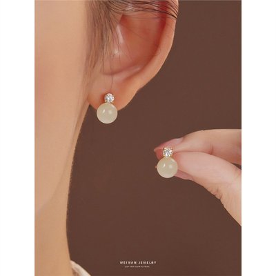 进口S925银针碧玉耳钉戴安娜王妃耳饰简单款单钻旗袍银色耳坠