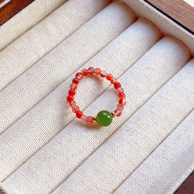 进口热卖 高质量碧玉南红珍珠戒指串珠编织指环DIY女款简约小清新
