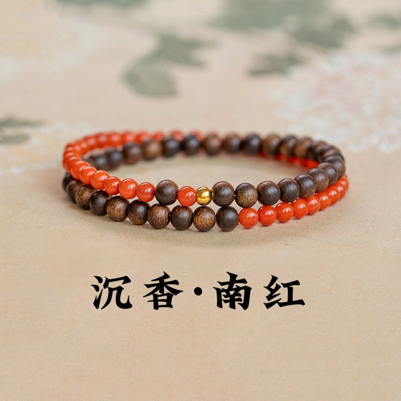 进口国风手链天然南红玛瑙沉香手串五行补木火红色小米珠双圈叠戴