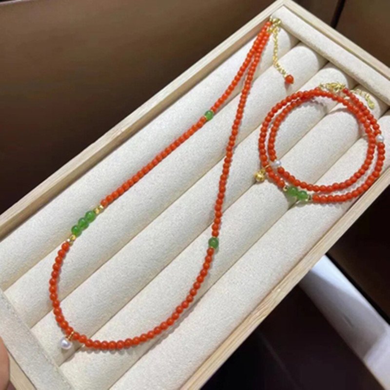 进口南红珍珠淡水小米珠项链中国风锁骨链柿子红显白颈链