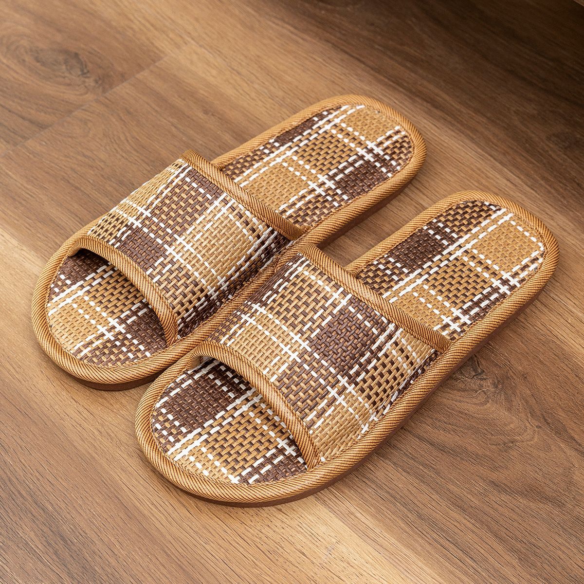 进口亚麻拖鞋女士夏季静音透气竹席编制家居室内防滑防臭藤草拖鞋