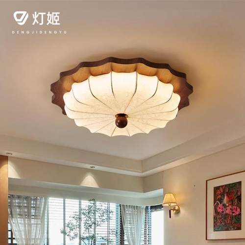 法式中古风卧室吸顶灯覆古胡桃木布艺主卧灯南洋风高级感房间灯具