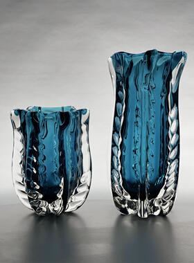 厚重轻奢波浪纹蓝色琉璃花瓶水培绿植玻璃插画容器家居高频品质摆