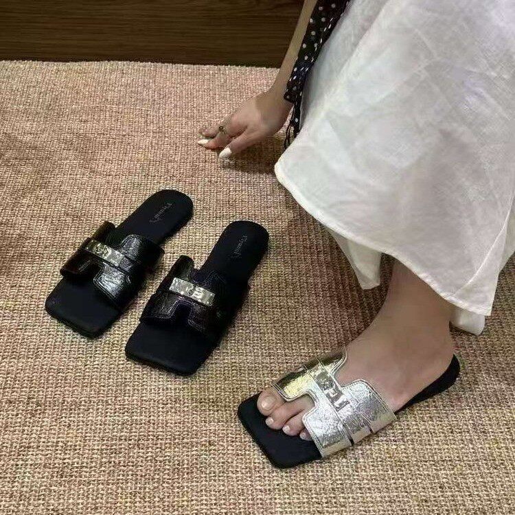 夏季女金属扣平底一字拖
