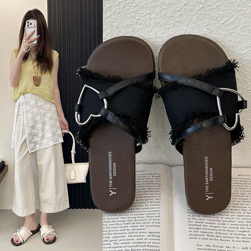 夏季女牛仔毛边流苏平底凉拖