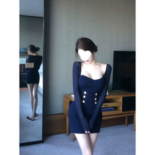 比弗利名媛 金扣小香针织长袖开衫抹胸包臀短裙套装夏