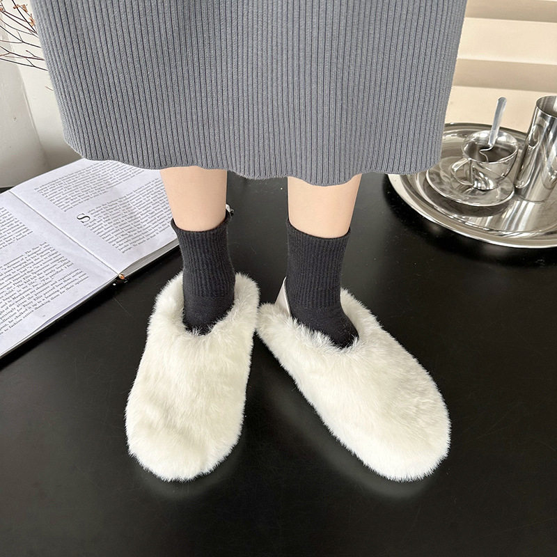 毛毛鞋女2025秋冬新款圆头平底外穿踩跟半拖鞋孕妇雪地棉鞋百搭