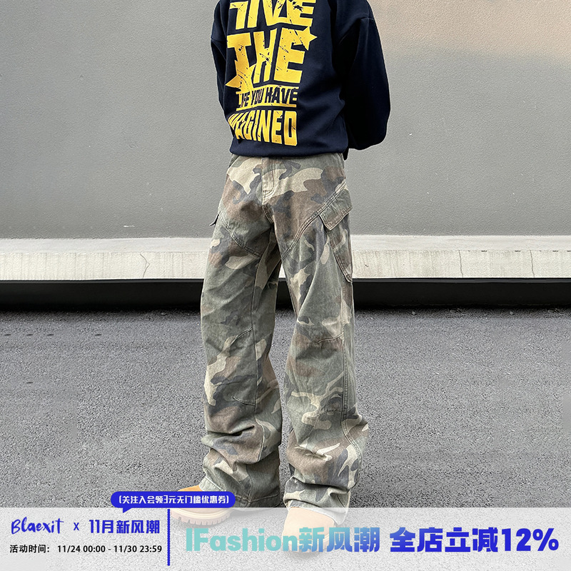 BLAEXIT美式复古迷彩口袋工装裤宽松阔腿cleanfit直筒休闲长裤子