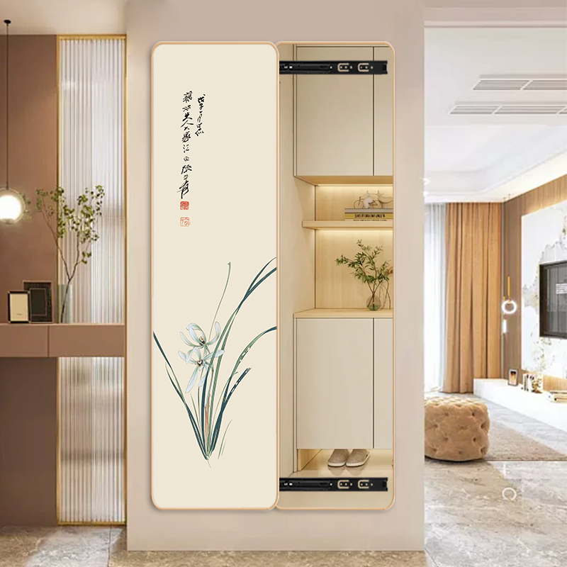 新中式隐藏式全身镜圆角隐形推拉穿衣镜暗藏玄关装饰画款试衣镜子