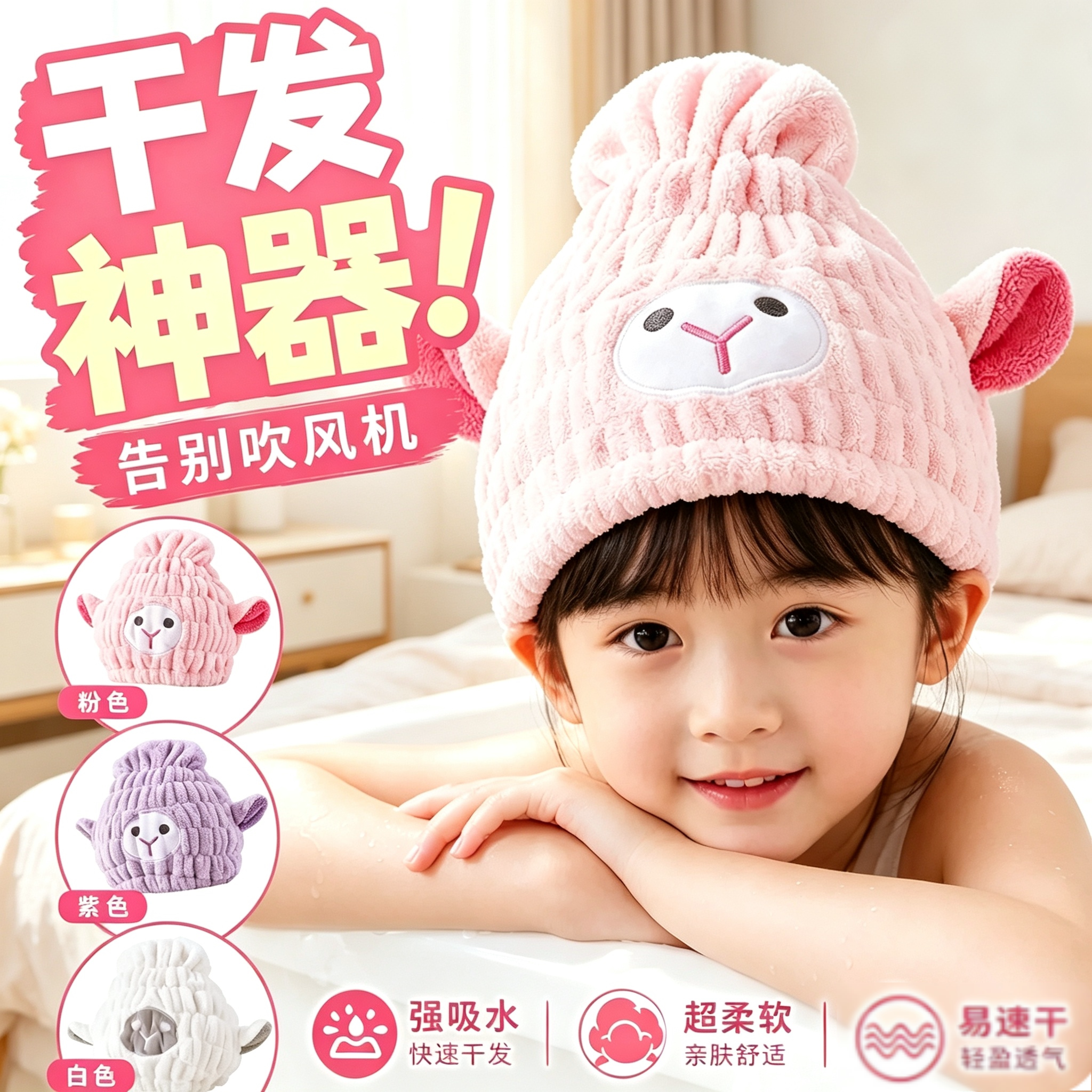 日本新款女童吸水速干干发帽
