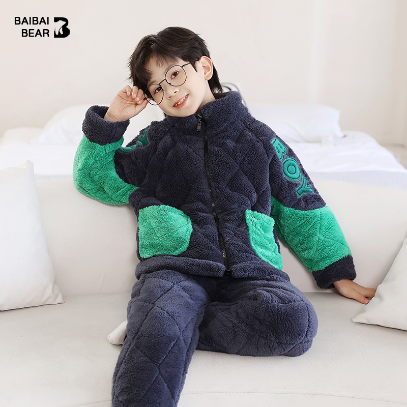 男童三层夹棉加厚睡衣珊瑚绒可爱