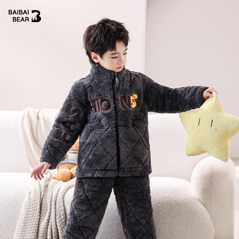 儿童冬季三层夹棉加厚法兰绒睡衣