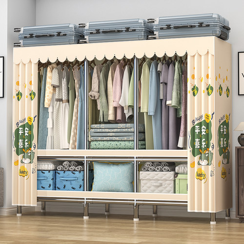 衣柜家用卧室出租房用简易组装钢制衣柜钢管加粗加厚布艺收纳衣橱