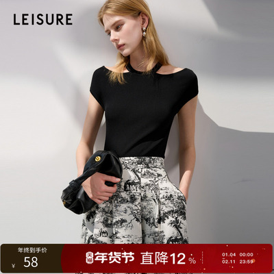 丽雪leisure2025夏季新款修身短款针织衫挂脖式镂空圆领上衣