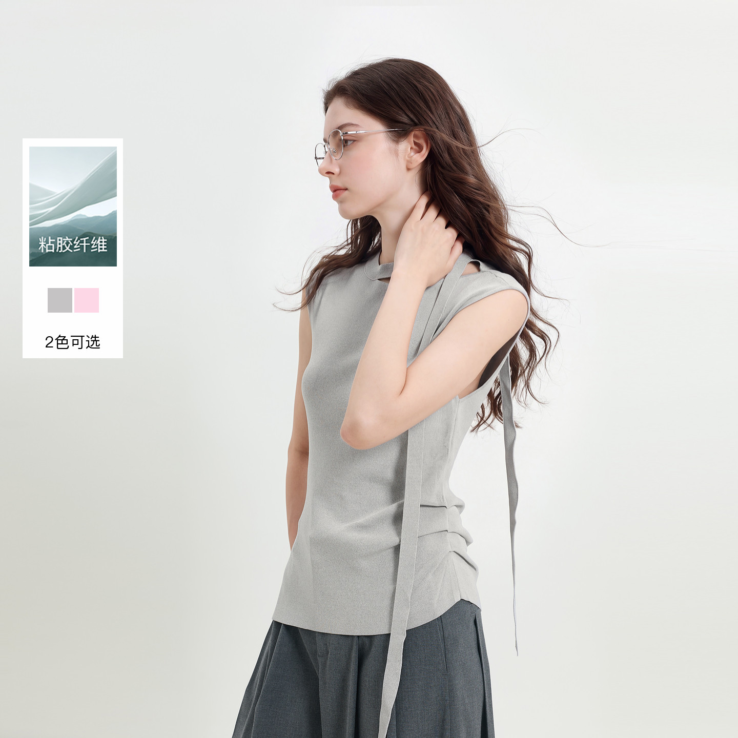 丽雪leisure2026夏季新款针织衫修身系带圆领收腰套头衫女图片