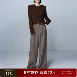 三彩丽雪leisure25冬新款休闲裤复古人字纹阔腿裤宽松垂感长裤女