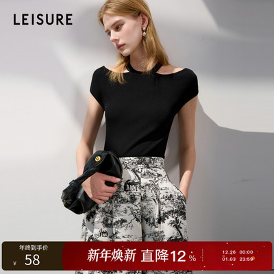 丽雪leisure2025夏季新款修身短款针织衫挂脖式镂空圆领上衣