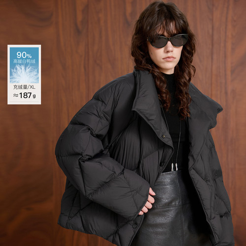 丽雪leisure2025冬季新款宽松菱格大翻领90白鸭绒羽绒服外套