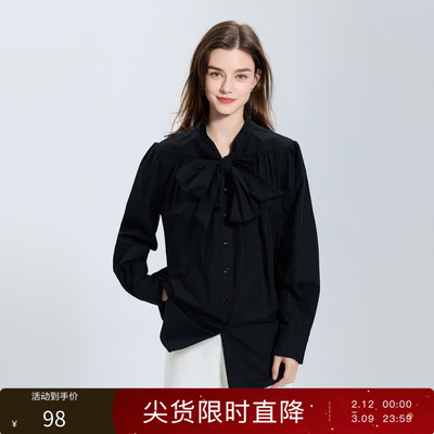 【100棉】三彩丽雪leisure25冬新款宽松衬衫长袖OL通勤飘带上衣女