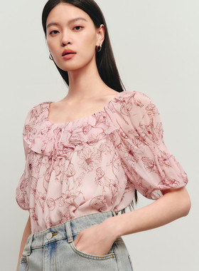丽雪leisure2026夏季新款荷叶边圆领印花衬衫套头小衫宽松女