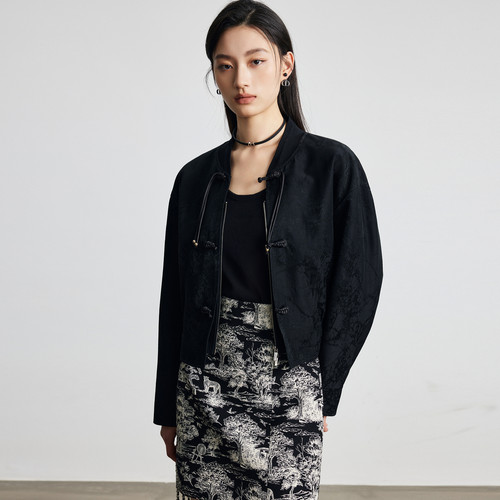 【醋酸】三彩丽雪leisure25秋新款新中式V领宽松提花上衣外套女