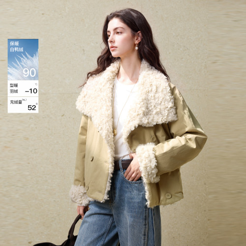 三彩丽雪leisure2026冬季新款白鸭绒羽绒服毛绒外套保暖通勤女