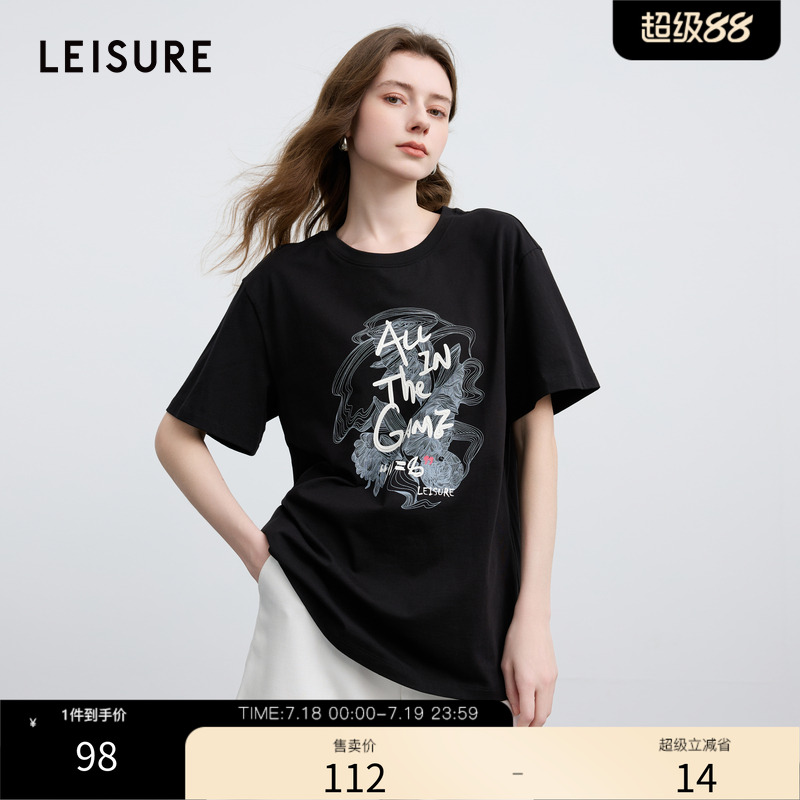 丽雪leisure2025夏季新款字母印花短袖T恤女宽松纯棉上衣