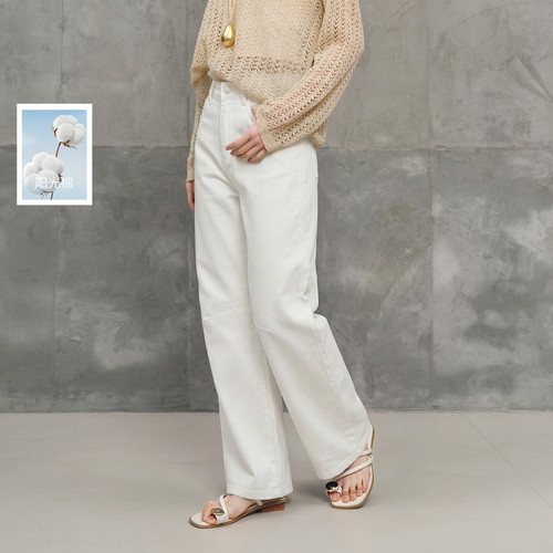丽雪leisure2026夏季新款牛仔小白裤高腰宽松阔腿裤长裤女