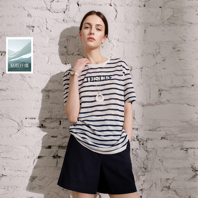 三彩丽雪leisure2026夏季新款圆领短袖条纹T恤套头上衣休闲通勤女