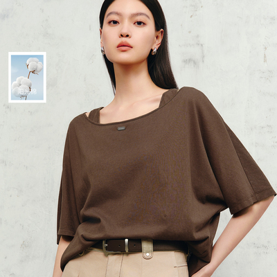 丽雪leisure2026夏季新款棉麻T恤背心两件套圆领蝙蝠袖上衣