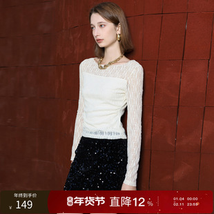 丽雪leisure2026春季新款一字领蕾丝衫修身短款上衣打底女