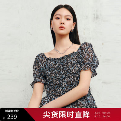 丽雪leisure2026夏季新款泡泡袖方领碎花衬衣套头短款小衫女