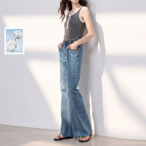 三彩丽雪leisure2026秋季新款牛仔裤高腰微喇裤休闲长裤女通勤