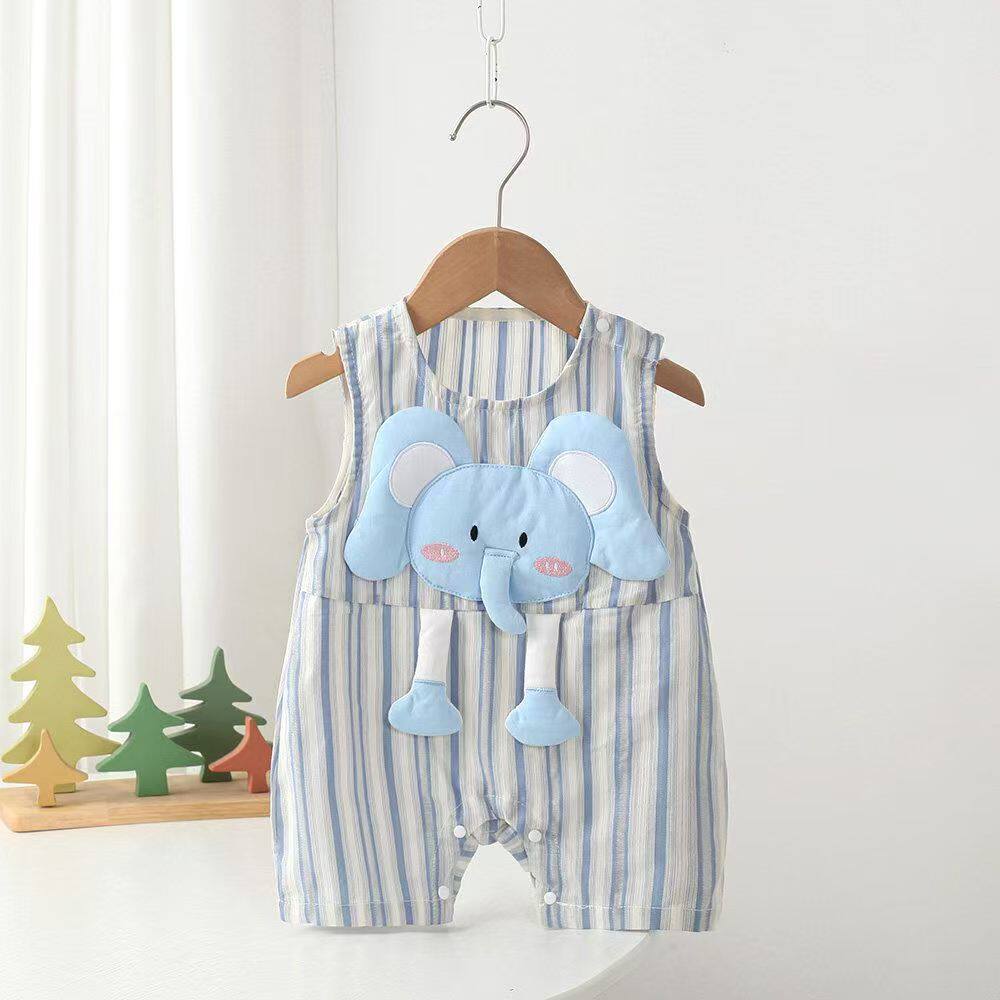 夏季薄款婴儿连体衣男女宝宝卡通大象无袖哈衣可爱透气外出服条纹