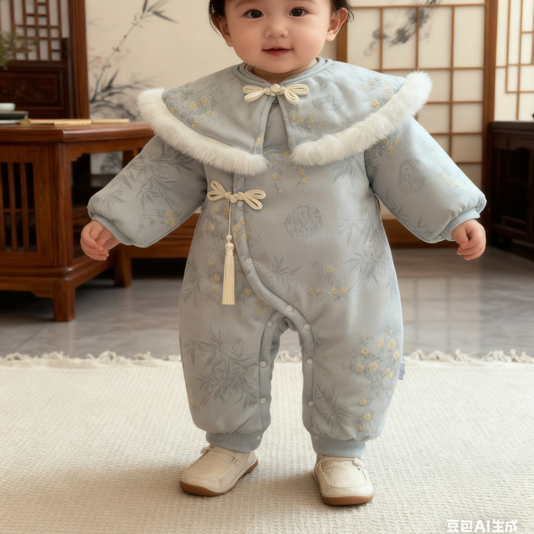 新中式婴儿宝宝连体衣冬装加绒