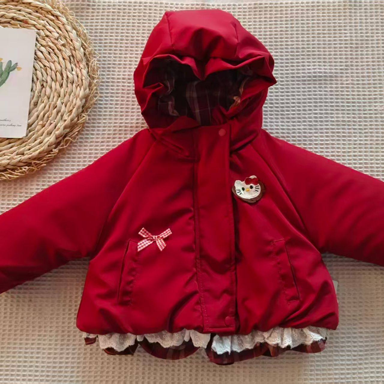 冬季新款女童连帽加厚棉服冬季宝宝卡通蕾丝花边保暖棉衣外套洋气