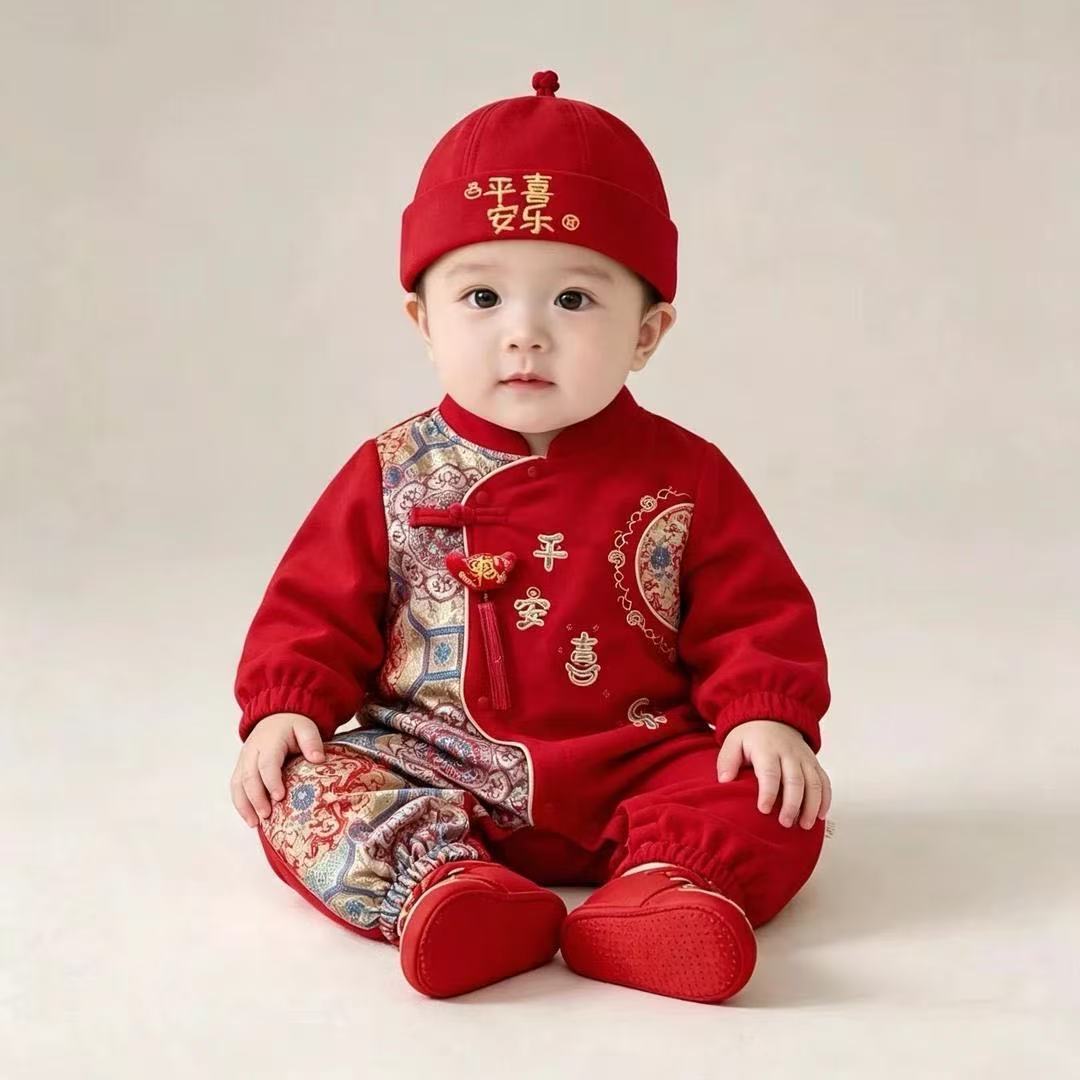 春秋季新款连体衣双层宝宝哈衣满月百天周岁红色喜庆唐装礼服爬服