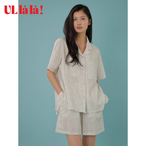 Ullala夏棉薄女碎花大码睡衣套装