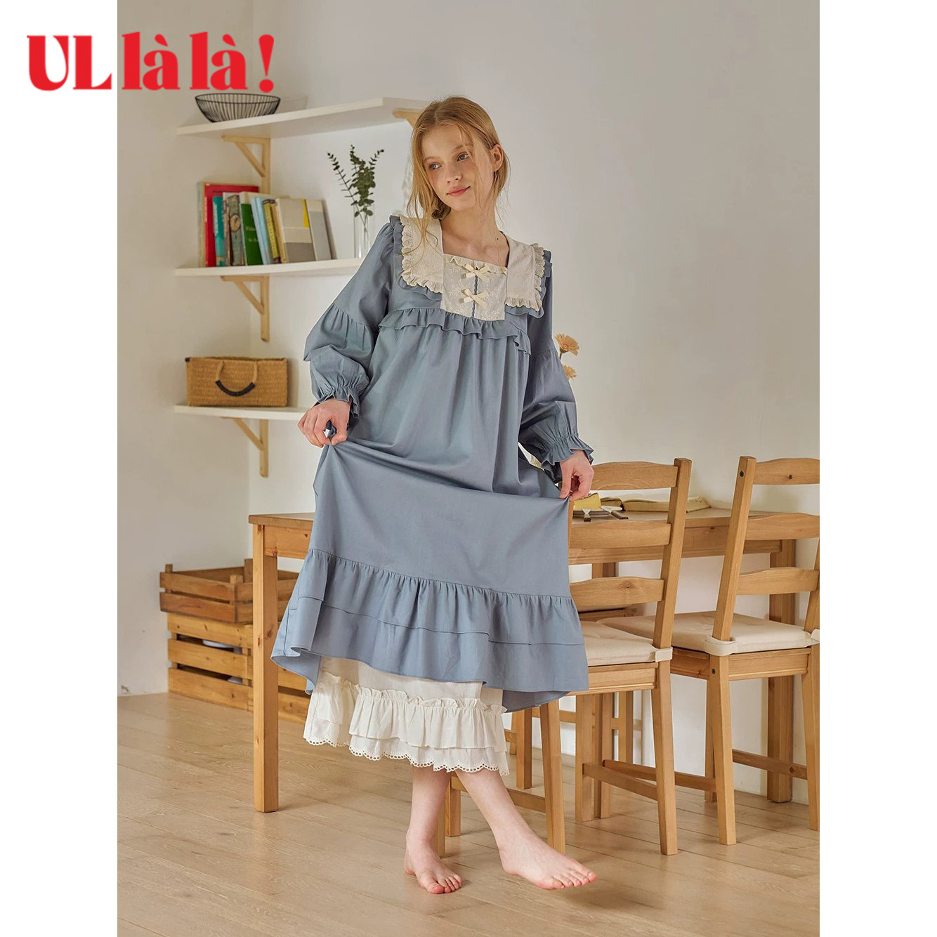Ullala公主风长袖纯棉女复古睡裙图片