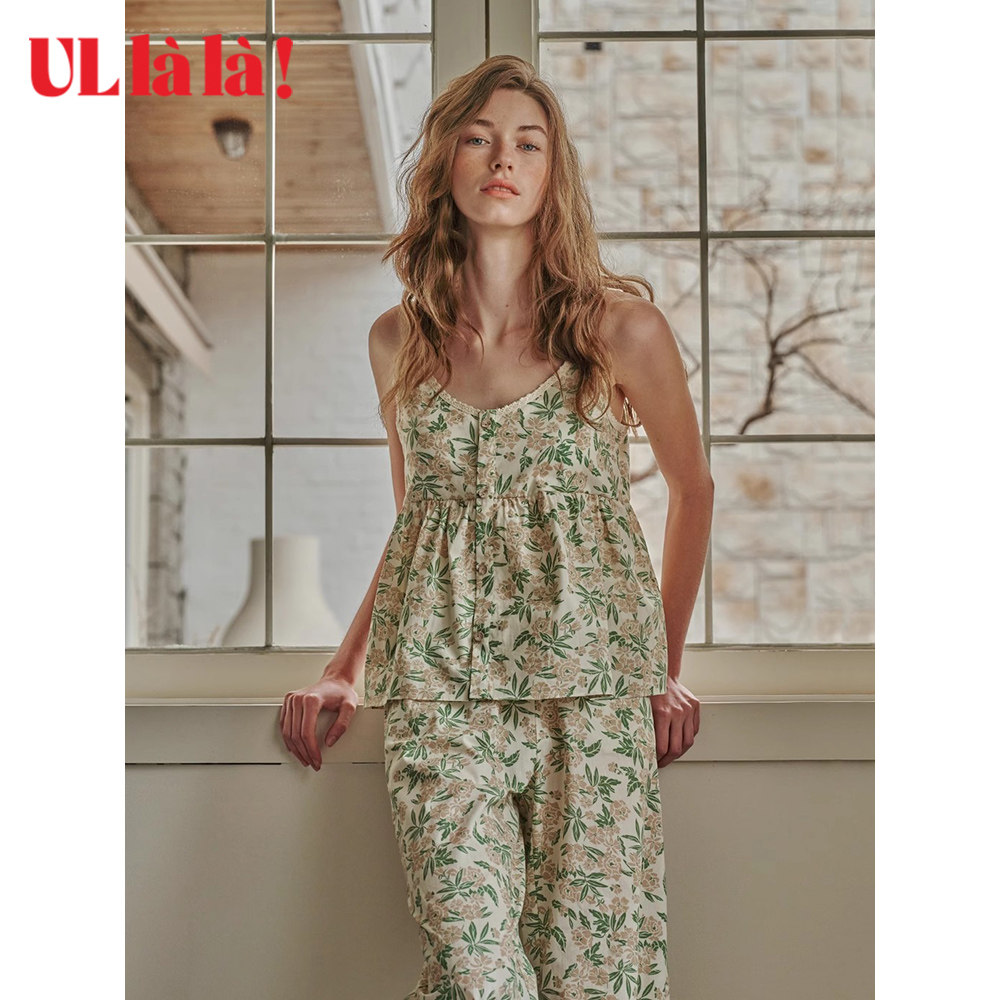 ULLALA韩国女款家居服吊带长裤套装碎花纯棉夏季薄款胸垫阔腿长裤
