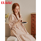 复古碎花睡裙女七分袖 Ullala秋季 ANNE法式 蕾丝花边家居服韩国进口