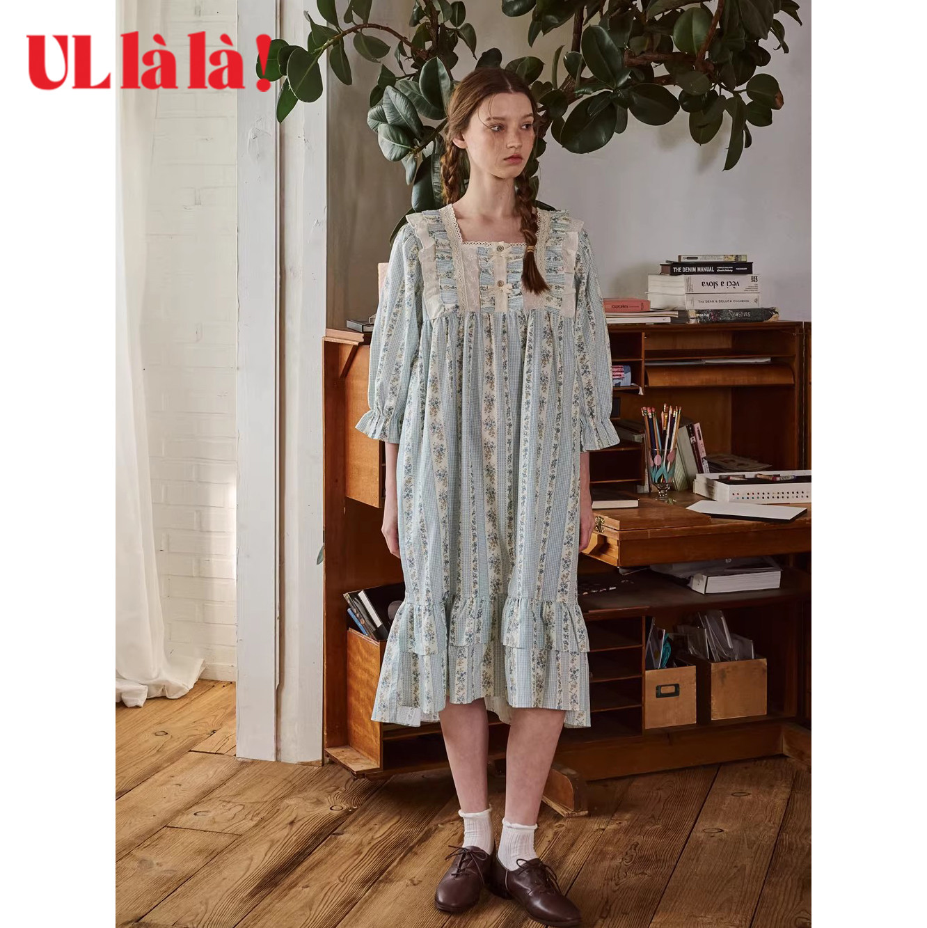 Ullala韩国进口乌拉拉纯棉睡裙宽松薄款春夏家居服印花长裙娃娃领