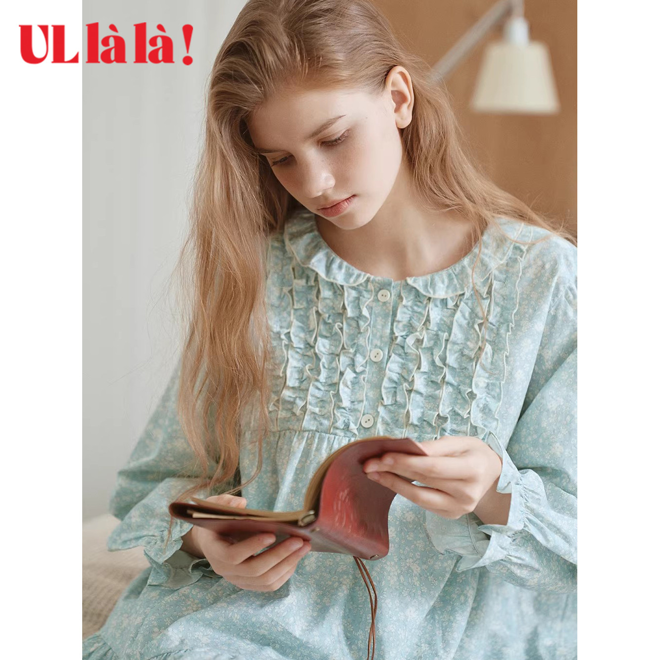 Ullala韩国进口甜美花边纯棉娃娃领长袖清新睡衣女春夏家居服套装 - ullala旗舰店出品