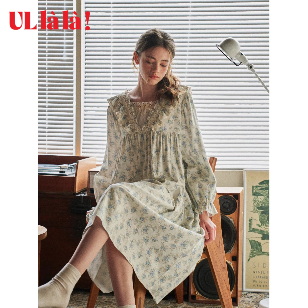 Ullala乌拉拉韩国进口女睡裙宽松纯棉甜美碎花中长款可外穿轻磨毛