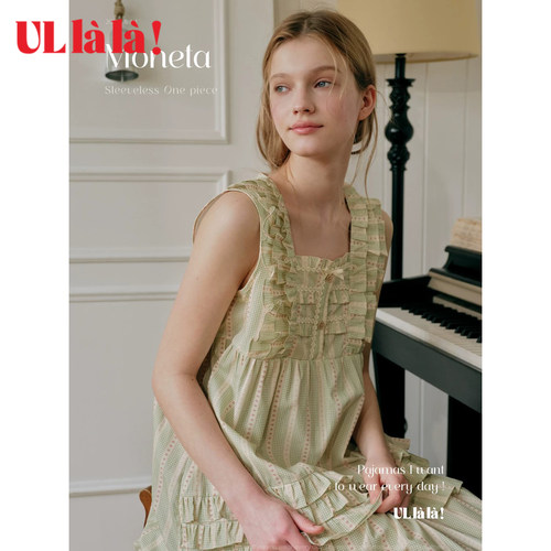 Ullala纯棉无袖格纹蛋糕裙女夏